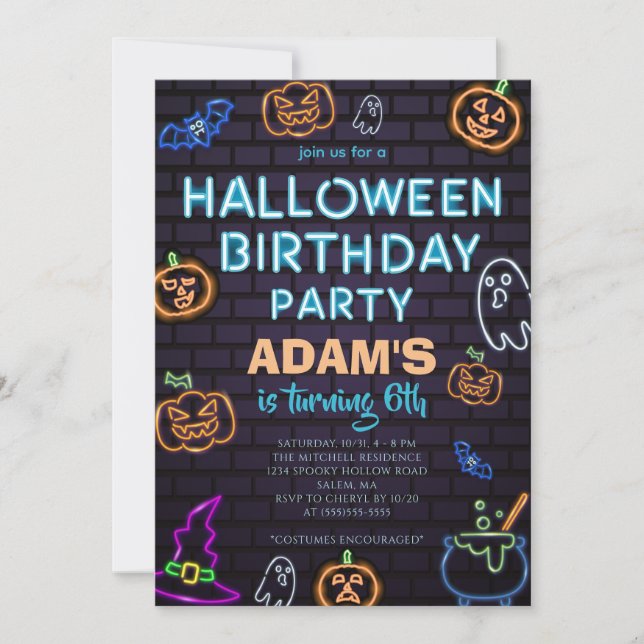 Invitación Neon Halloween Birthday Party  Invitation (Anverso)