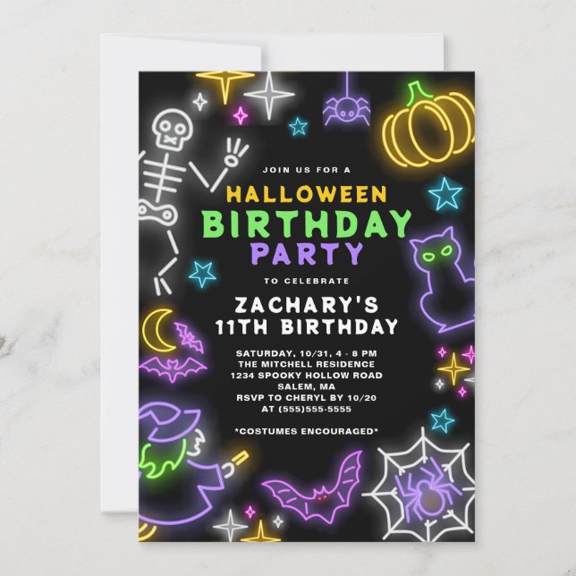 Invitación Neon Halloween Boys 11th Birthday Costume Fiesta (Anverso)