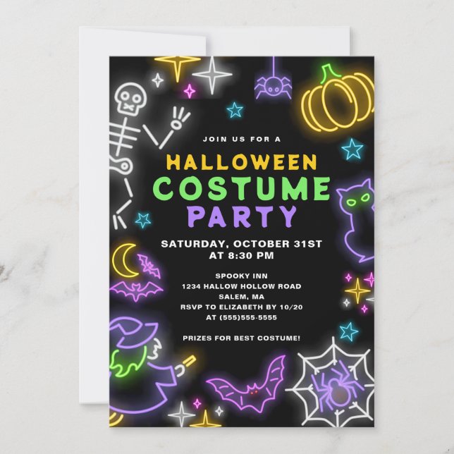 Invitación Neon Halloween Costume Fiesta (Anverso)