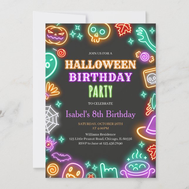 Invitación Neon Halloween Cumpleaños (Anverso)