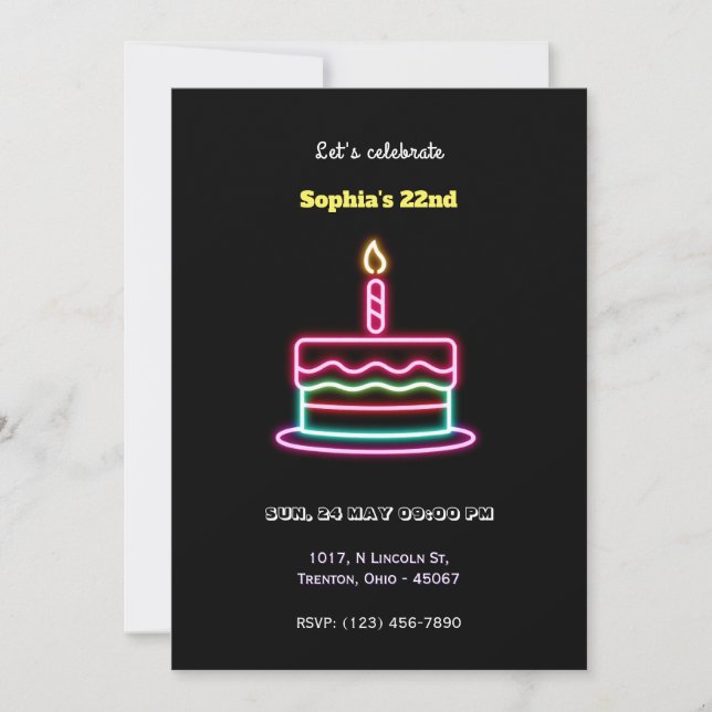Invitación Neon Happy Birday Cake Design con velas (Anverso)