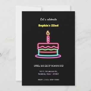 Invitación Neon Happy Birday Cake Design con velas