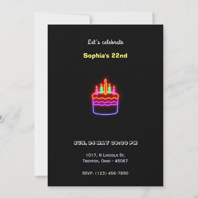 Invitación Neon Happy Birday Cake Design - Diversión y vibran (Anverso)