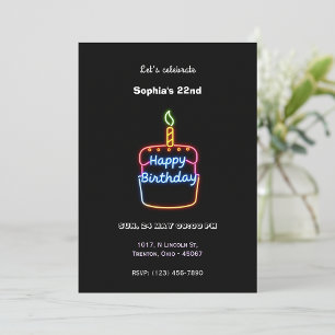Invitación Neon Happy Birday Cake Design - Diversión y vibran