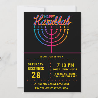 Invitación Neon Happy Hanukkah Menorah