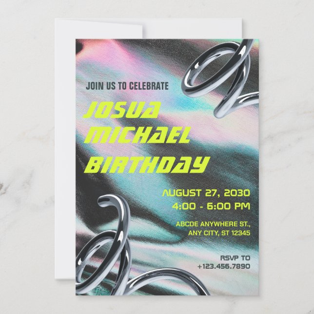 Invitación Neon Holographic Texturizado cumpleaños futurista (Anverso)