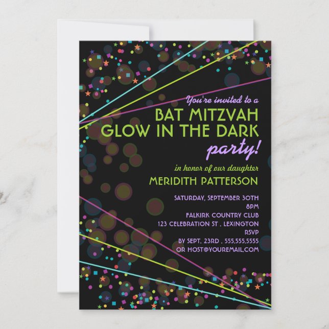 Invitación Neon ilumina el golpe de Mitzvah en el oscuro Fies (Anverso)