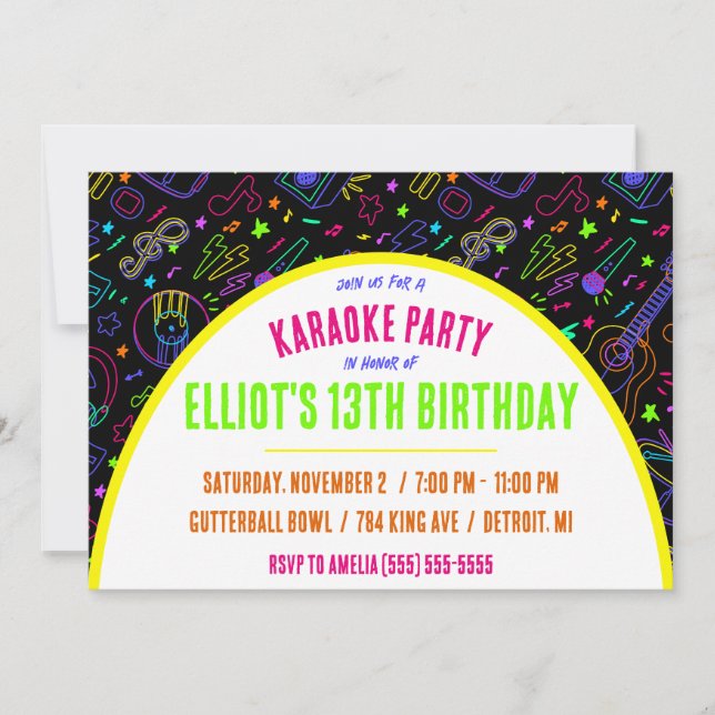 Invitación Neon Karaoke Birthday Party (Anverso)