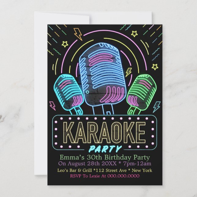 Invitación Neon Karaoke Birthday Party (Anverso)