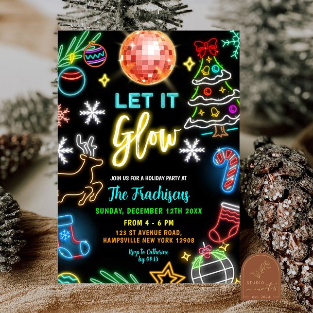 Invitación Neon Let It Glow Navidad Holiday Party (Subido por el creador)