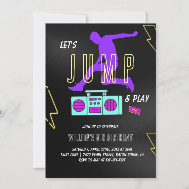 Invitación Neon Let's Jump Kids Birthday Fiesta (Anverso)