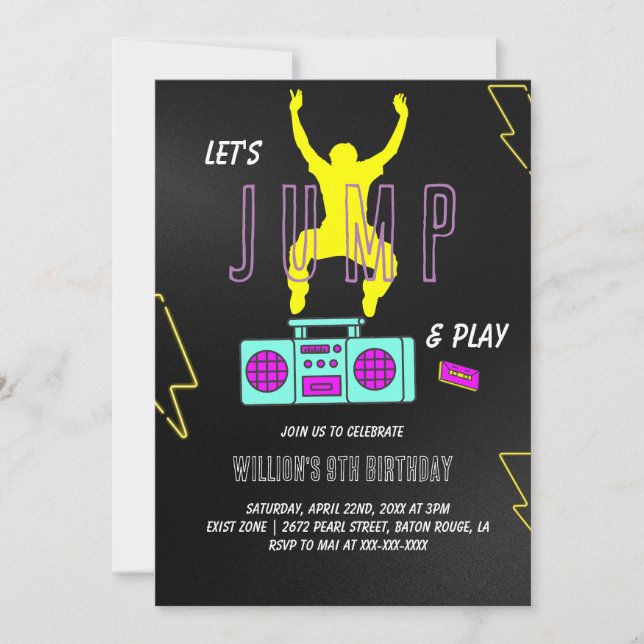 Invitación Neon Let's Jump Kids Birthday Fiesta (Anverso)