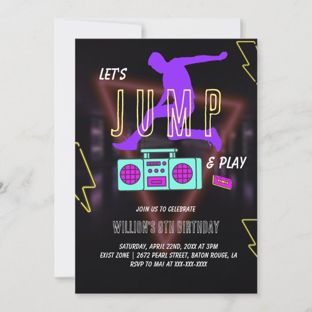Invitación Neon Let's Jump Kids Birthday Fiesta (Anverso)