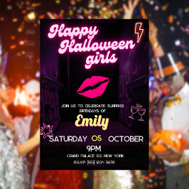 Invitación Neon Light Birday Halloween BFF
