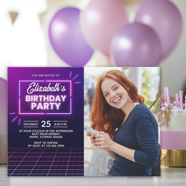 Invitación Neon Lights Birthday Invitation Photo Design (Subido por el creador)