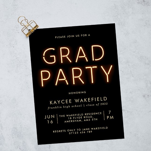 Invitación Neon Lights Black Photo Grad Fiesta (Subido por el creador)