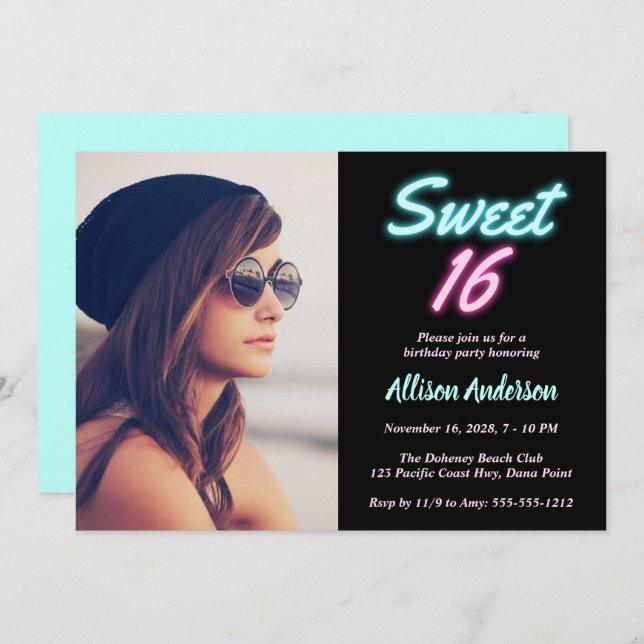 Invitación Neon Lights Foto Sweet 16 Birthday Party (Anverso / Reverso)