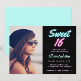 Invitación Neon Lights Foto Sweet 16 Birthday Party
