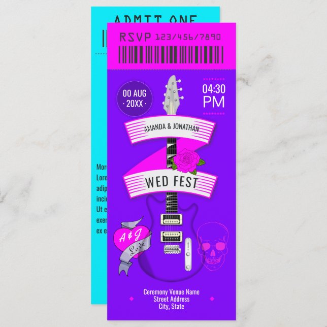 Invitación Neon Lights Rock ’n’ Roll Wedding Ticket (Anverso / Reverso)