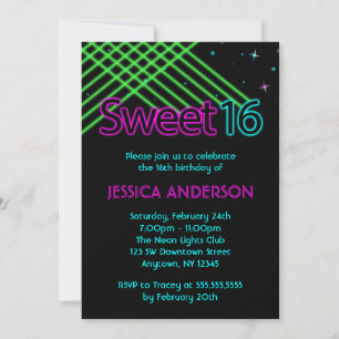Invitación Neon Lights Sweet 16 Birthday Party