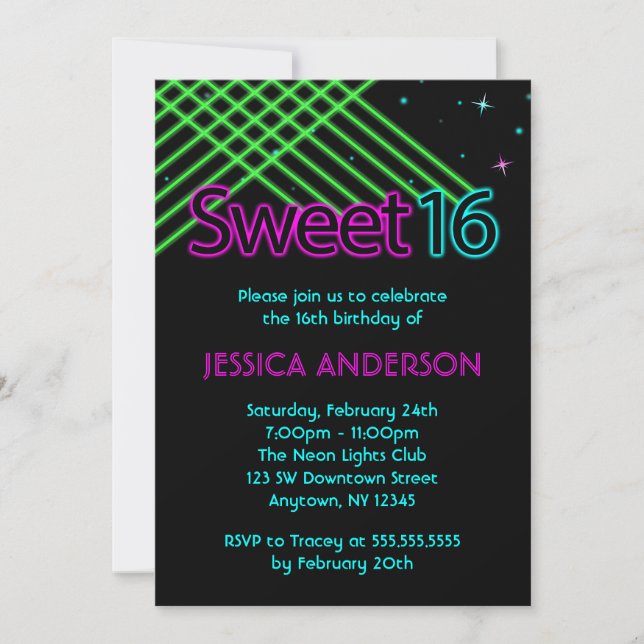 Invitación Neon Lights Sweet 16 Birthday Party (Anverso)