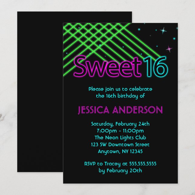 Invitación Neon Lights Sweet 16 Birthday Party (Anverso / Reverso)
