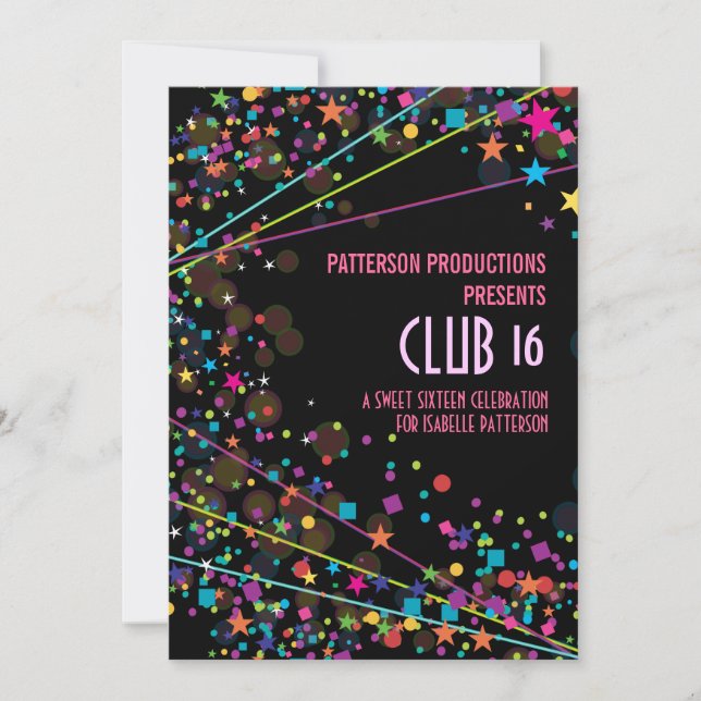 Invitación Neon Lights Sweet 16 Club Party Invitation (Anverso)