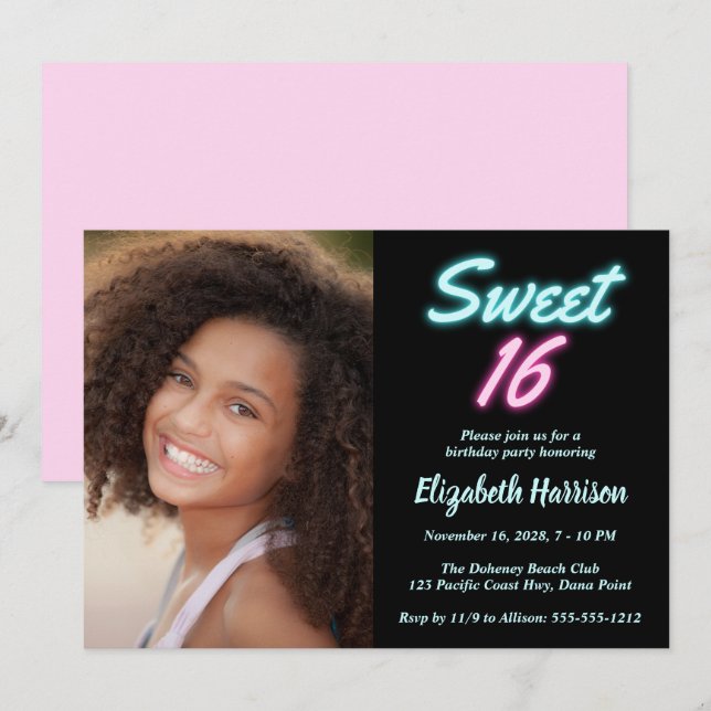 Invitación Neon Lights Sweet 16 Photo Birthday Party (Anverso / Reverso)