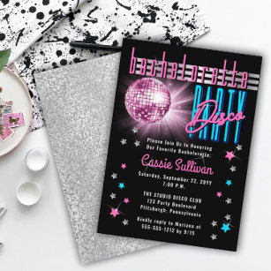 Invitación Neon Look Disco Ball Fiesta de Bachelorette de Ret