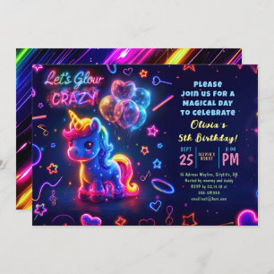 Invitación Neon Luces Brillantes Diversión Unicornio Cumpleañ