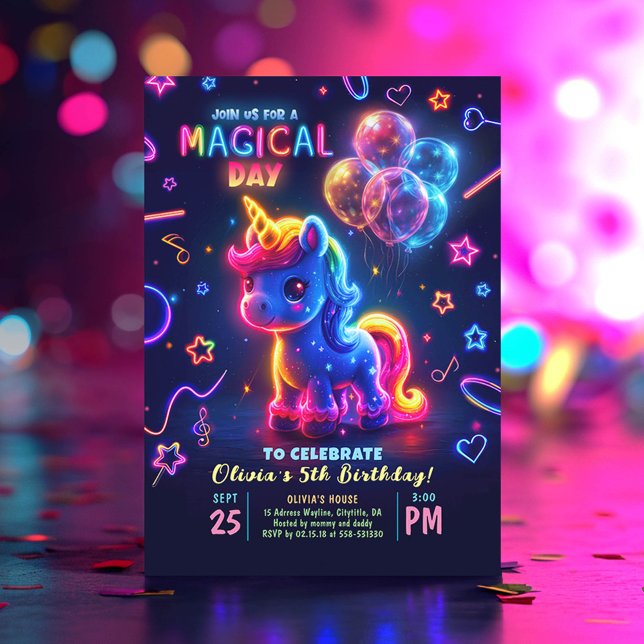 Invitación Neon Luces Brillantes Diversión Unicornio Cumpleañ (Neon Unicorn Birthday Invitations)