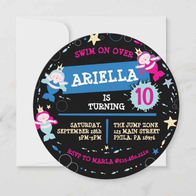 Invitación NEON Mermaid Sea Life Fish Starfish Fiesta de cump (Anverso)