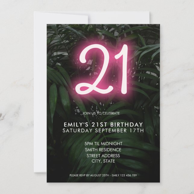 Invitación Neón moderno 21º cumpleaños (Anverso)