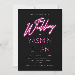 Invitación Neon Moderno Ilumina Boda negro rosado caliente