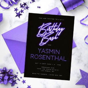 Invitación Neon Moderno Ilustra el cumpleaños negro morado