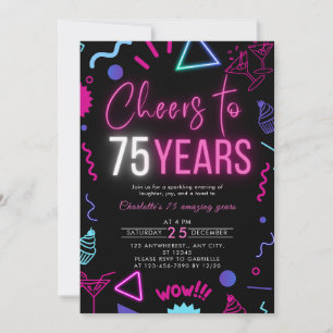 Invitación Neon Moderno viaja a 75 años 75ª fiesta de cumplea