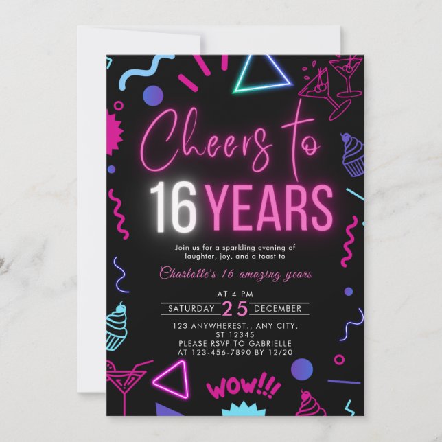 Invitación Neon moderno vitorea a 16 años 16 fiesta de cumple (Anverso)