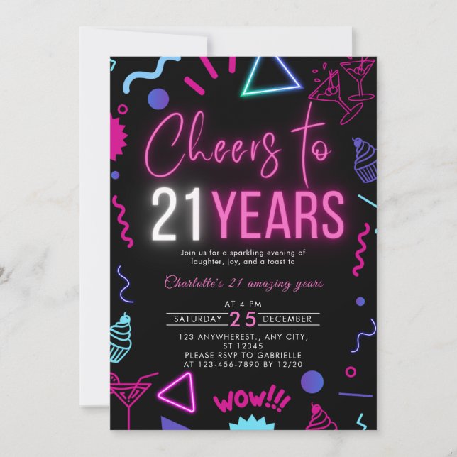 Invitación Neon moderno vitorea a 21 años 21º cumpleaños (Anverso)