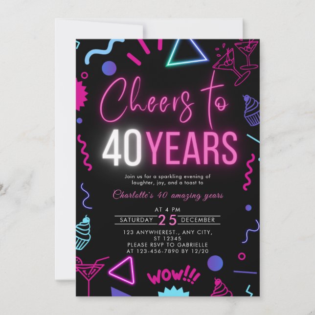 Invitación Neon moderno vitorea a 40 años 40 Fiesta de cumple (Anverso)
