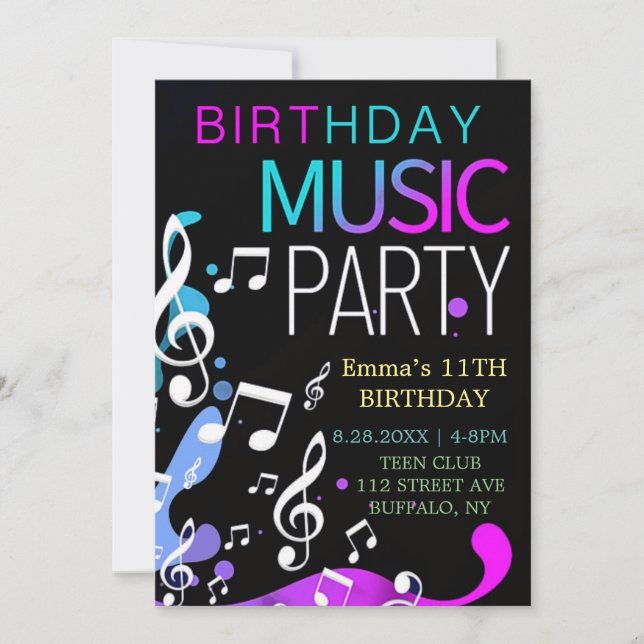 Invitación Neon Music Birthday Party (Anverso)