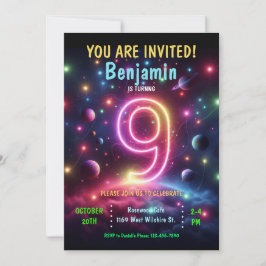 Invitación Neon Number Boy 9º cumpleaños