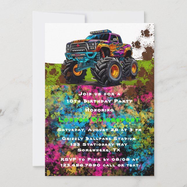 Invitación Neon Paint Monster Truck Boy Fiesta de Cumpleaños (Anverso)
