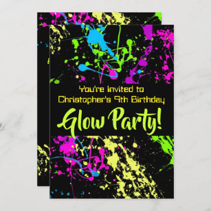 Invitación Neon Paint Splatter Glow /Láser Etiqueta Fiesta de