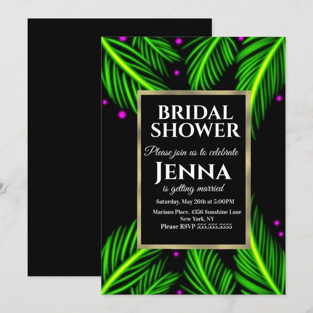 Invitación Neon Palm Leaf Bright Tropical Bridal Shower (Anverso / Reverso)