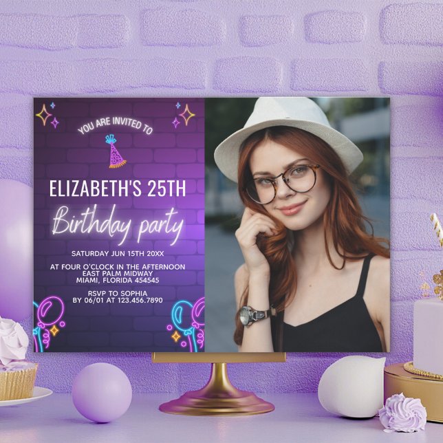 Invitación Neon Party Birthday Invitation Photo Design (Subido por el creador)
