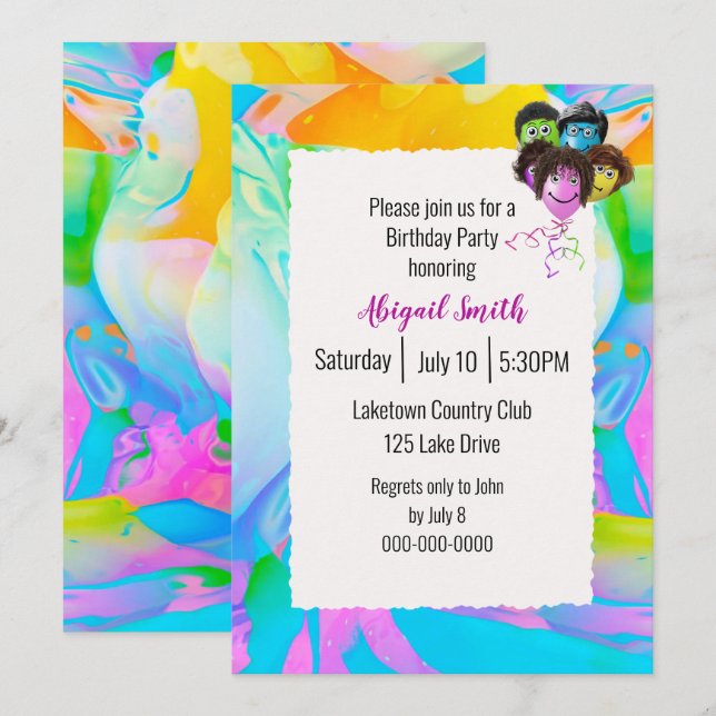 Invitación Neon People Balloons Birthday Party (Anverso / Reverso)