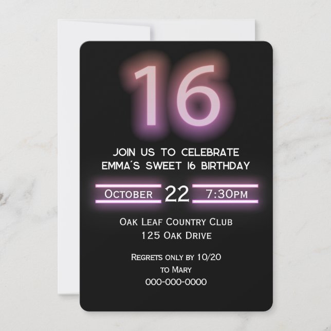 Invitación Neon Pink 16ª fiesta de cumpleaños (Anverso)