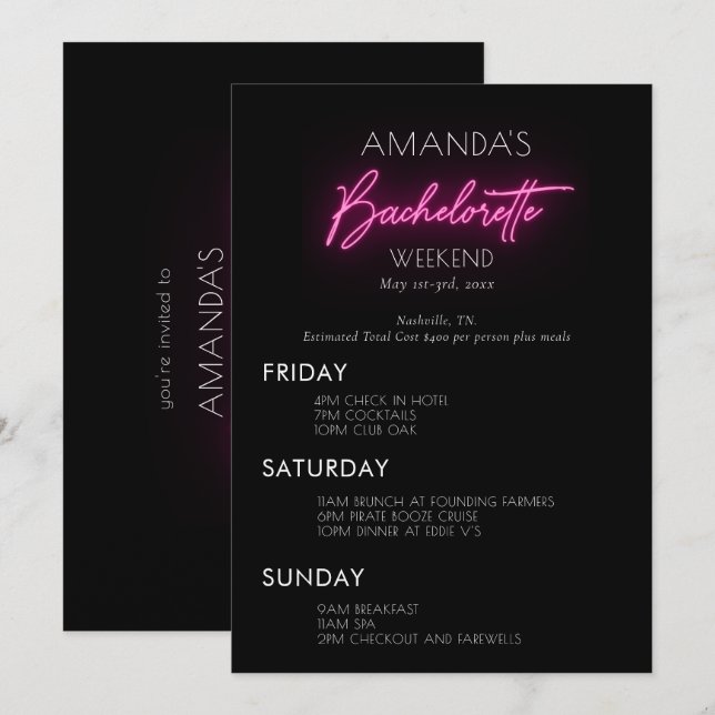 Invitación Neon Pink Bachelorette Weekend Itinerary (Anverso / Reverso)