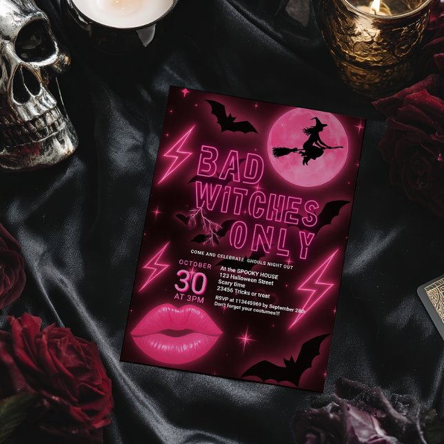 Invitación Neon Pink Bad Wites Chicas de Halloween fuera de l (Neon Pink Bad Witches Halloween Girls Night Out Invitation)