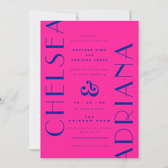 Invitación Neon Pink Blue Art Deco Typography Boda (Anverso)